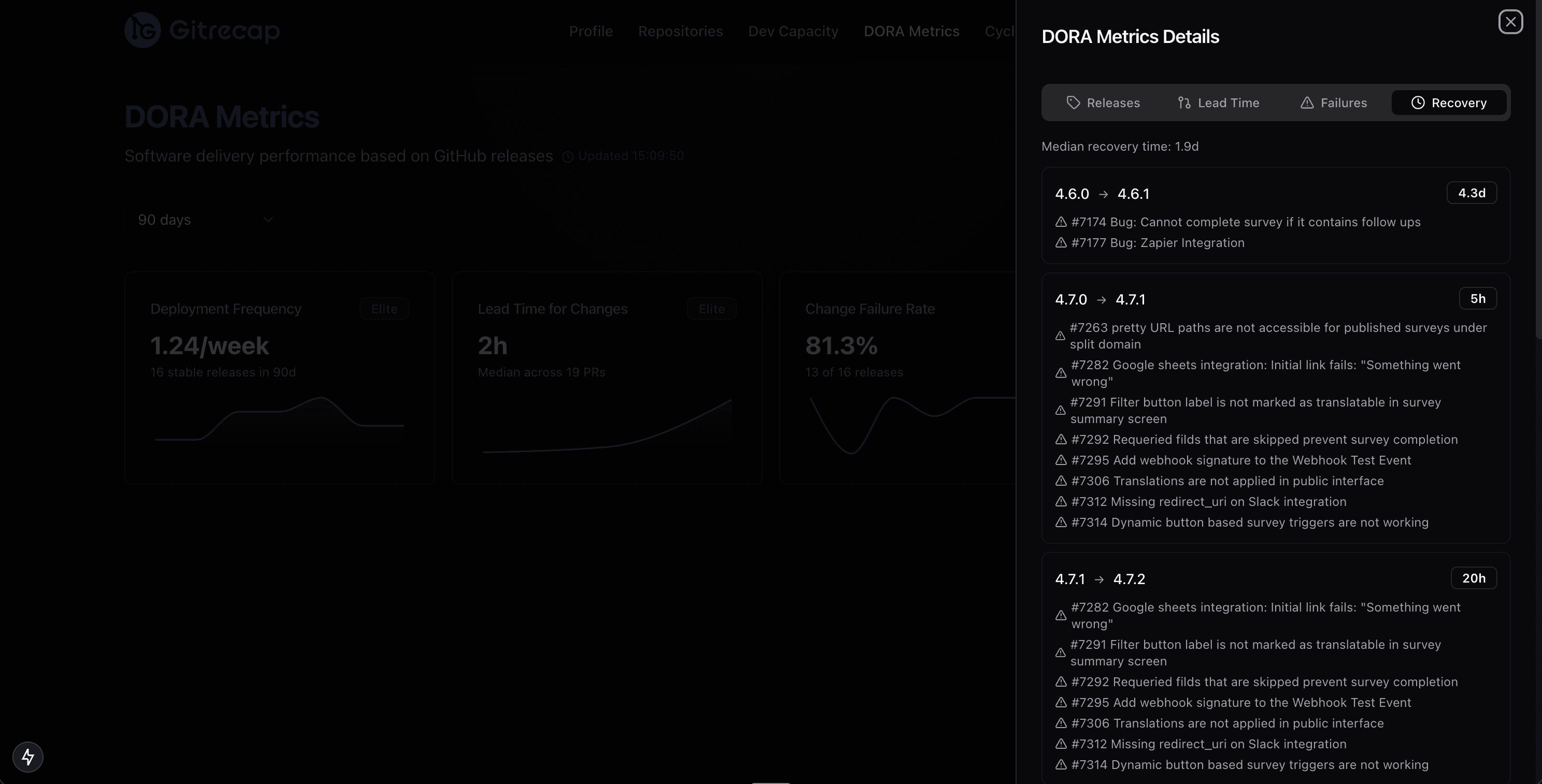 DORA Metrics Details showing detected deployment failures with associated bug issues